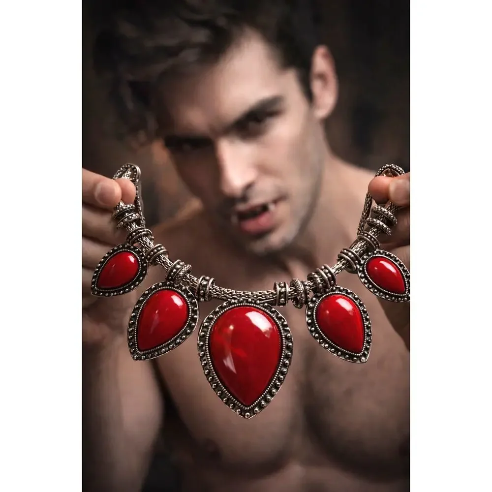 Whimsy Goth Red Statement Necklace, Gothic Bib, Snake Chain,Vampirecore Jewelry